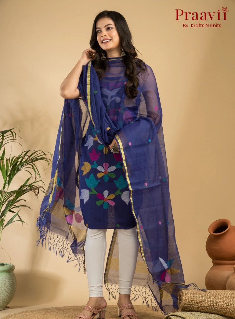 Indigo Blue Muslin Unstitched Jamdani Suit 2-Piece Set