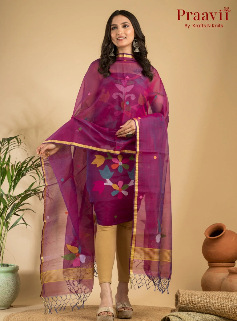 Magenta Colour Muslin Unstitched Jamdani Suit 2-Piece Set