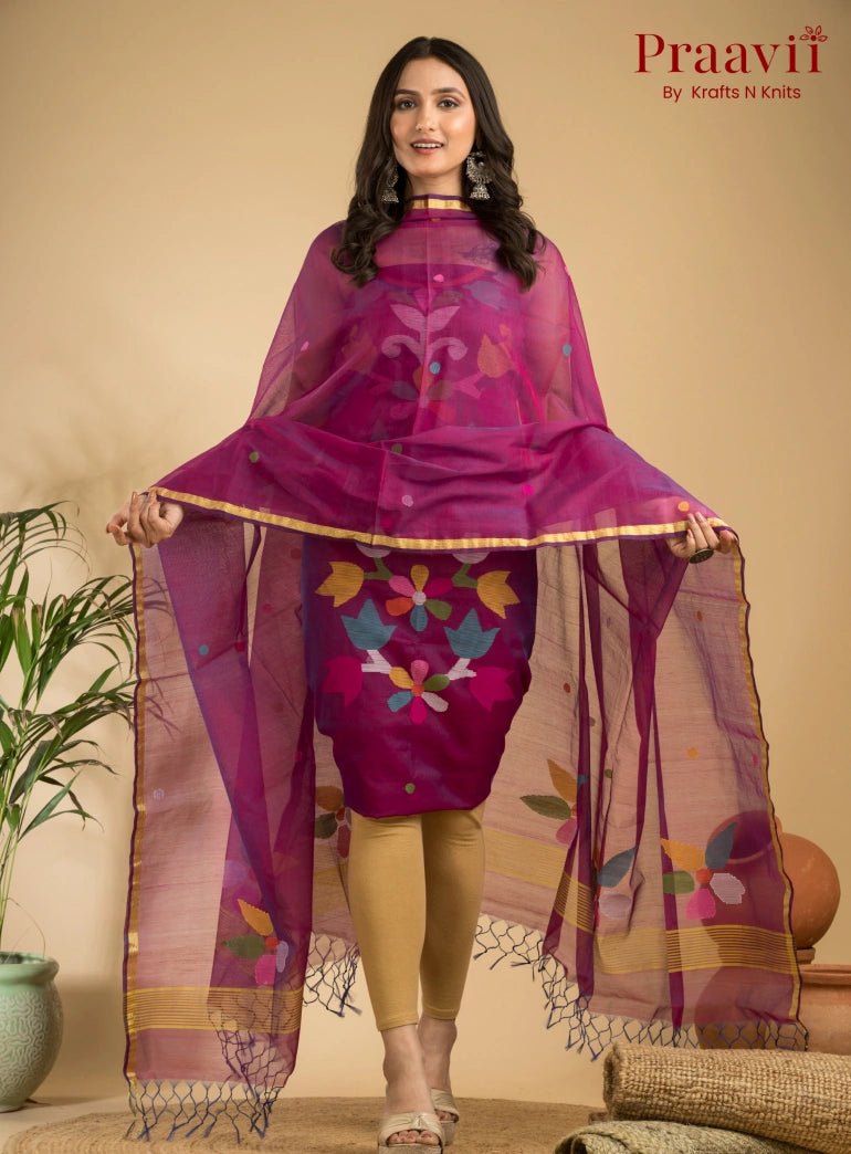 Magenta Colour Muslin Unstitched Jamdani Suit 2-Piece Set