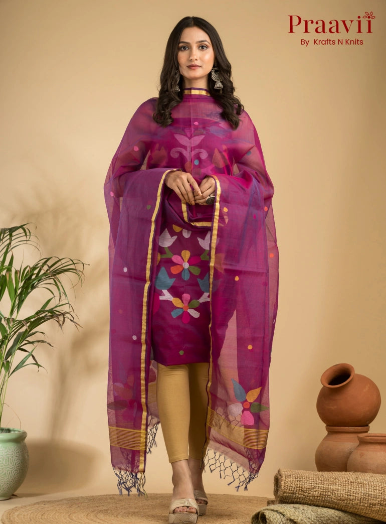 Magenta Colour Muslin Unstitched Jamdani Suit 2-Piece Set