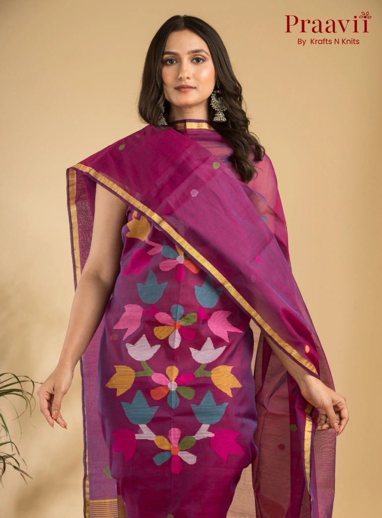 Magenta Colour Muslin Unstitched Jamdani Suit 2-Piece Set