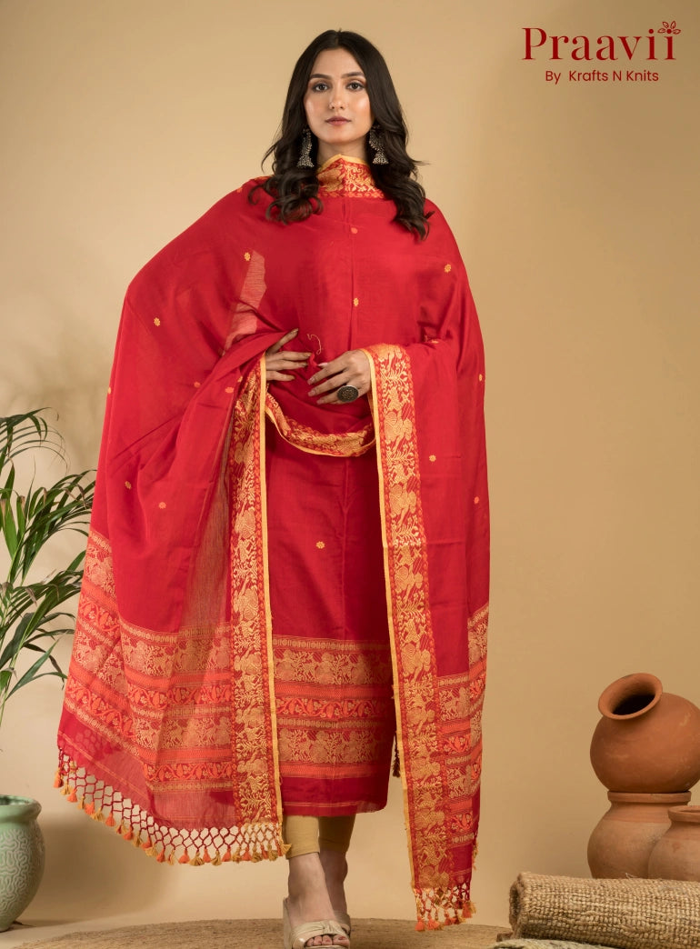 Pure Cotton Scarlet Bloom Baluchari Jamdani Unstitched 2-Piece Set