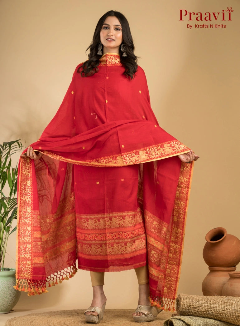 Pure Cotton Scarlet Bloom Baluchari Jamdani Unstitched 2-Piece Set