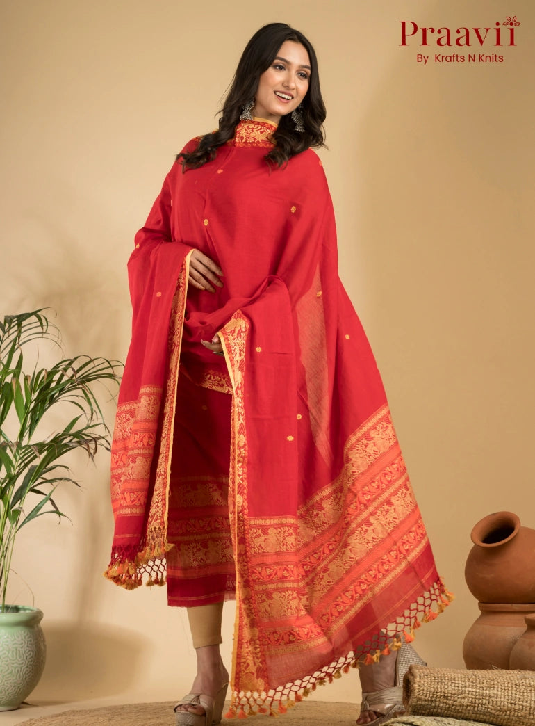 Pure Cotton Scarlet Bloom Baluchari Jamdani Unstitched 2-Piece Set