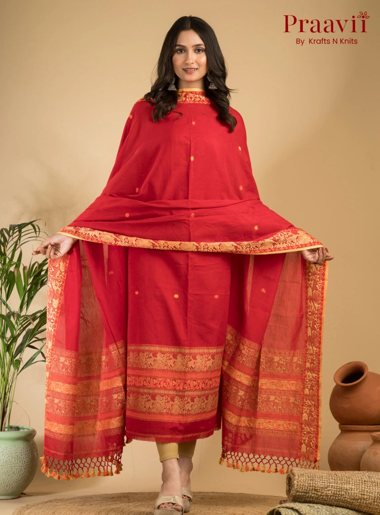 Pure Cotton Scarlet Bloom Baluchari Jamdani Unstitched 2-Piece Set