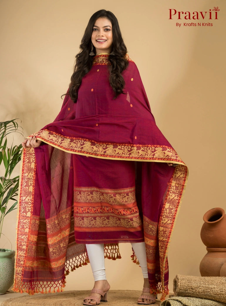 Pure Cotton Deep Maroon Baluchari Jamdani Unstitched 2-Piece Set