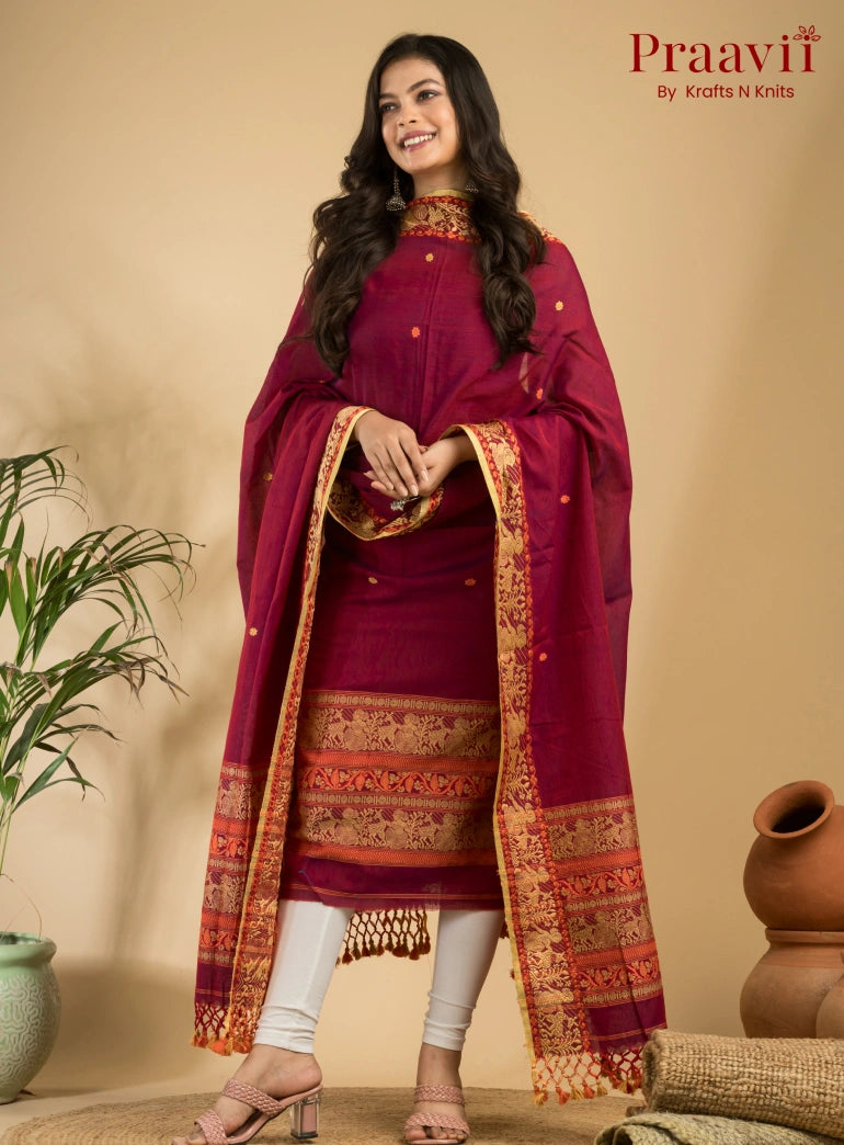 Pure Cotton Deep Maroon Baluchari Jamdani Unstitched 2-Piece Set