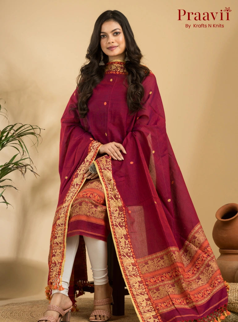 Pure Cotton Deep Maroon Baluchari Jamdani Unstitched 2-Piece Set