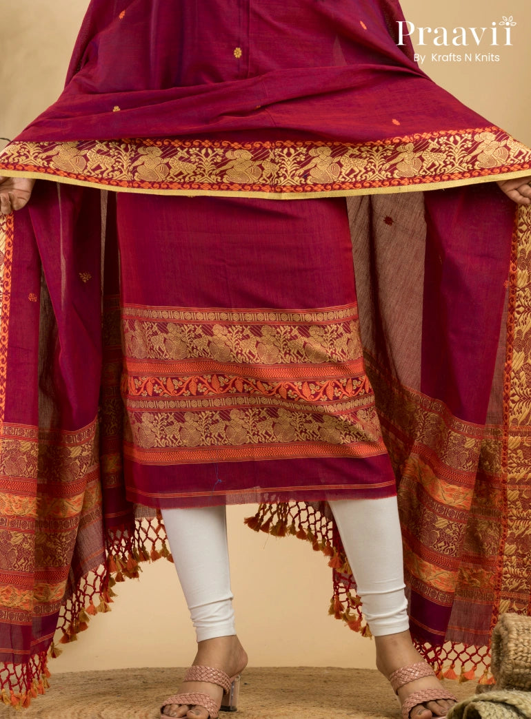 Pure Cotton Deep Maroon Baluchari Jamdani Unstitched 2-Piece Set