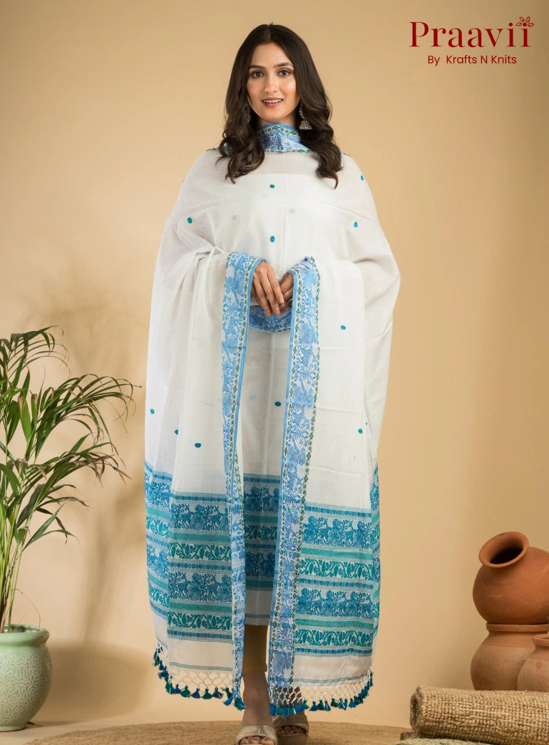Pure Cotton White & Blue Baluchari Jamdani Unstitched 2-Piece Set