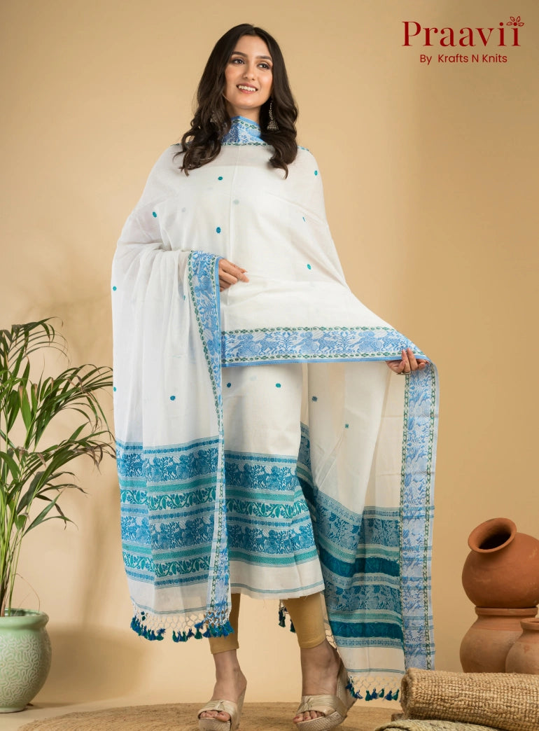 Pure Cotton White & Blue Baluchari Jamdani Unstitched 2-Piece Set
