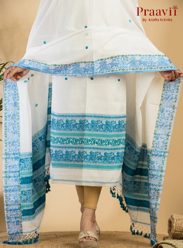 Pure Cotton White & Blue Baluchari Jamdani Unstitched 2-Piece Set