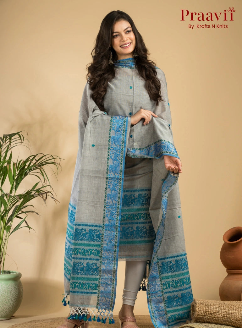 Pure Cotton Grey & Blue Baluchari Jamdani Unstitched 2-Piece Set