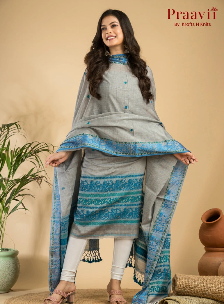 Pure Cotton Grey & Blue Baluchari Jamdani Unstitched 2-Piece Set