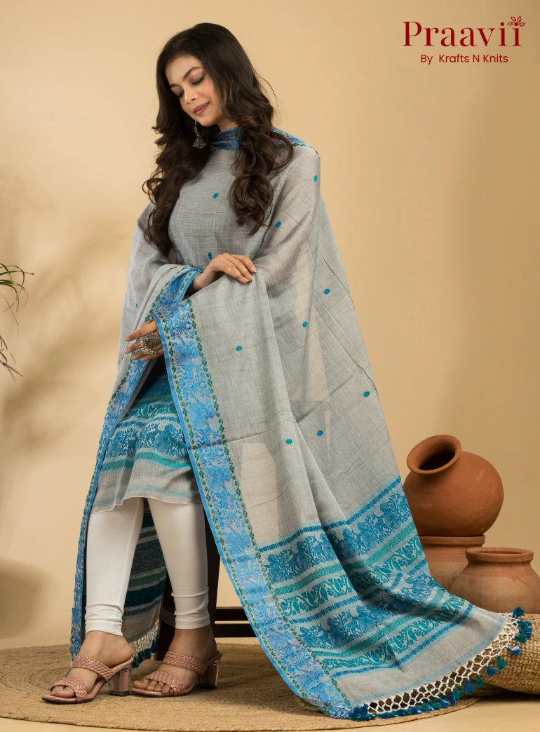 Pure Cotton Grey & Blue Baluchari Jamdani Unstitched 2-Piece Set