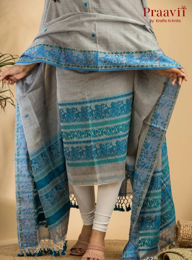 Pure Cotton Grey & Blue Baluchari Jamdani Unstitched 2-Piece Set