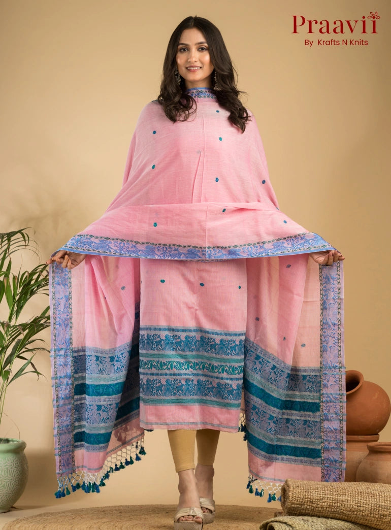 Pure Cotton Pink & Blue Baluchari Jamdani Unstitched 2-Piece Set