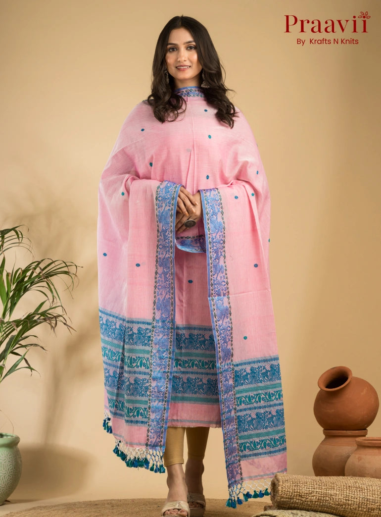 Pure Cotton Pink & Blue Baluchari Jamdani Unstitched 2-Piece Set