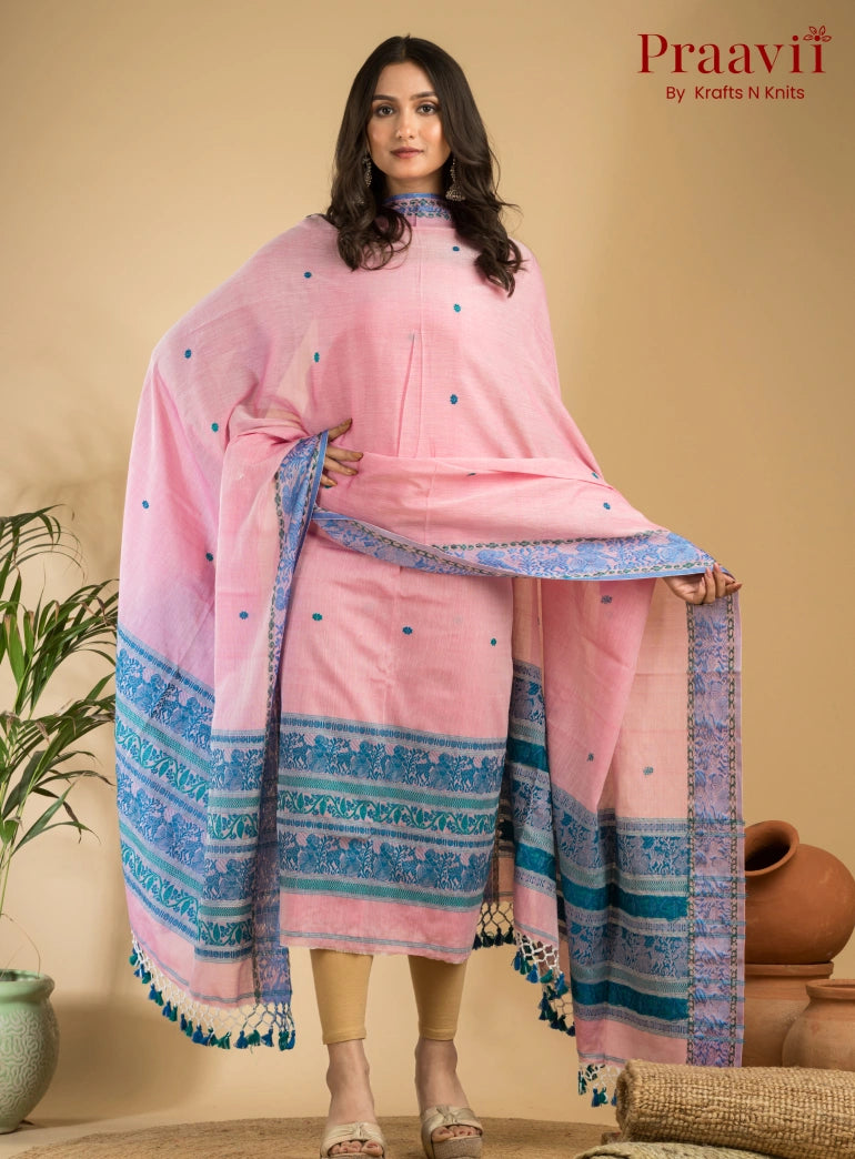 Pure Cotton Pink & Blue Baluchari Jamdani Unstitched 2-Piece Set