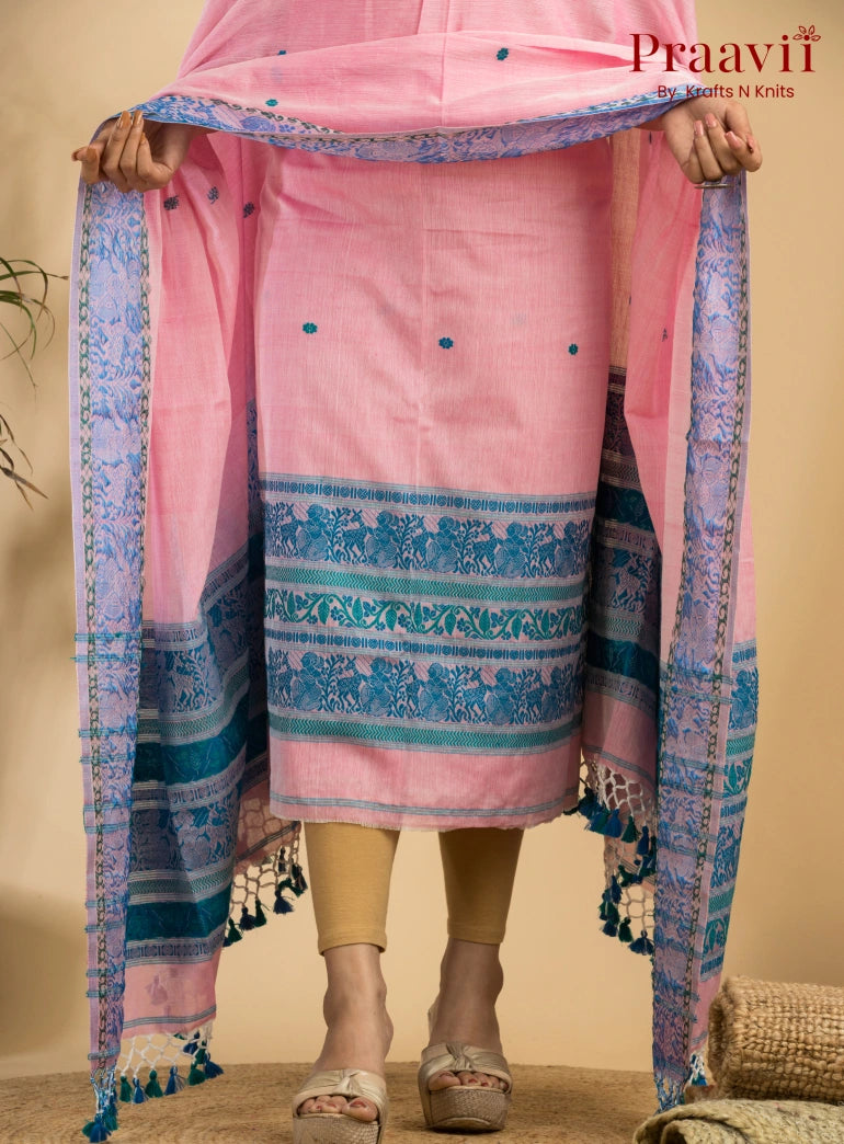 Pure Cotton Pink & Blue Baluchari Jamdani Unstitched 2-Piece Set