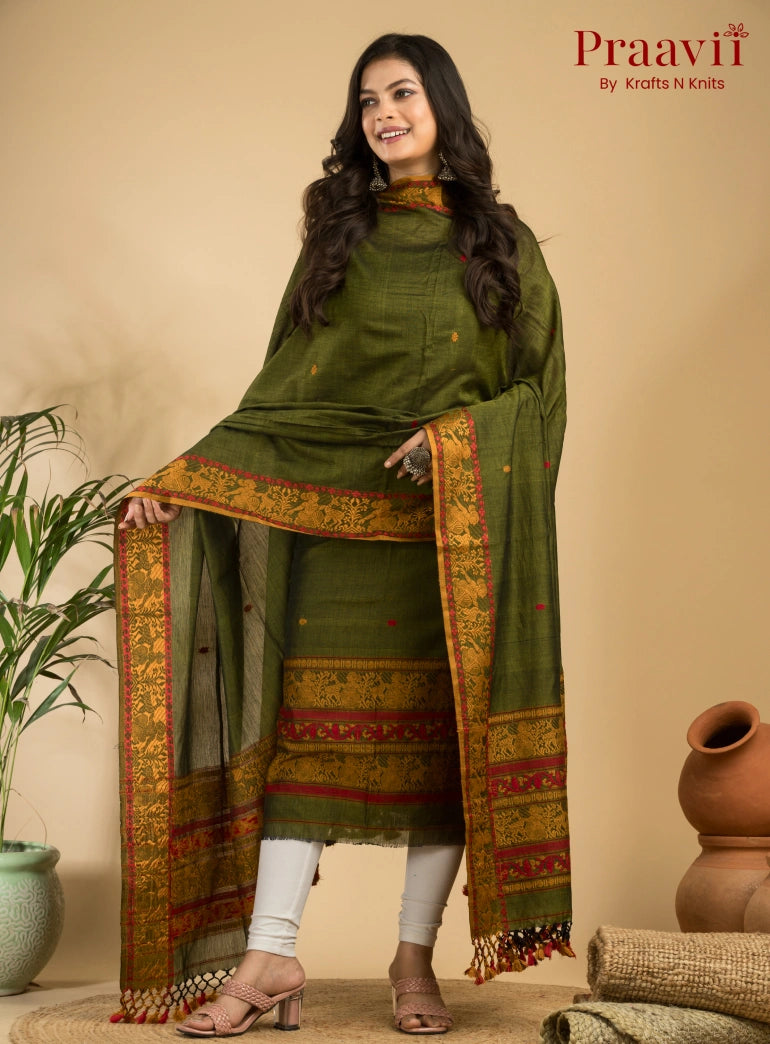 Pure Cotton Olive Green Baluchari Jamdani Unstitched 2-Piece Set