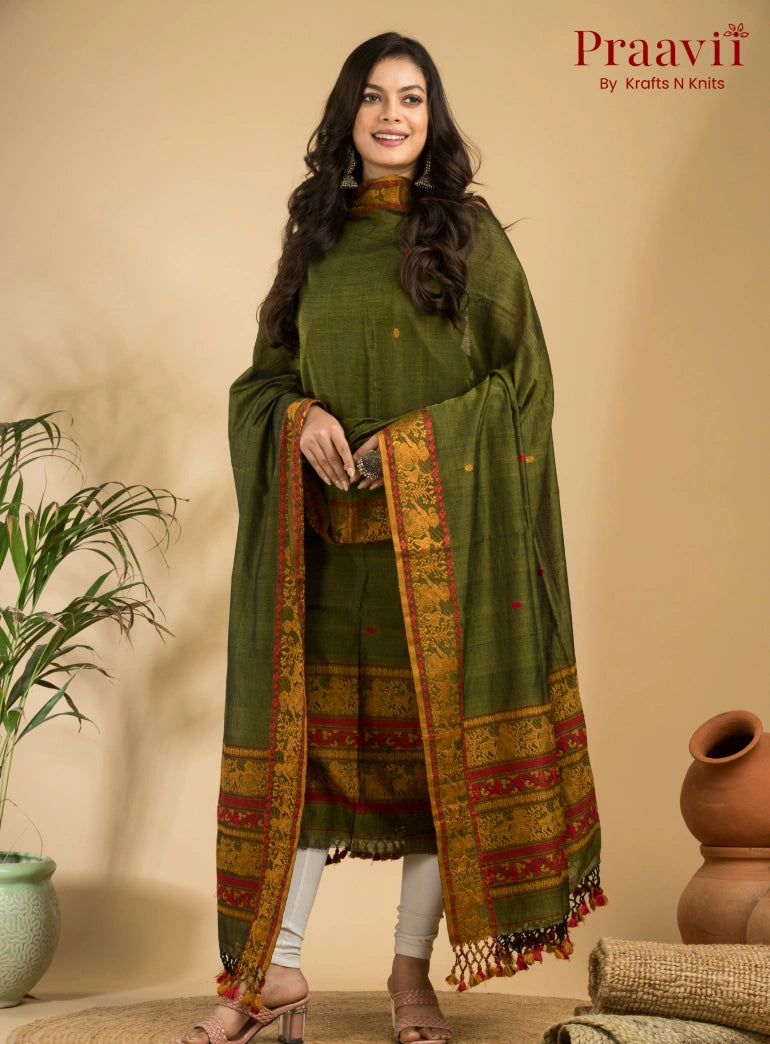 Pure Cotton Olive Green Baluchari Jamdani Unstitched 2-Piece Set