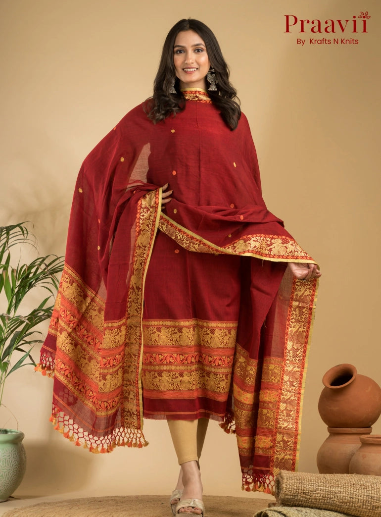 Pure Cotton Royal Maroon Baluchari Jamdani Unstitched 2-Piece Set