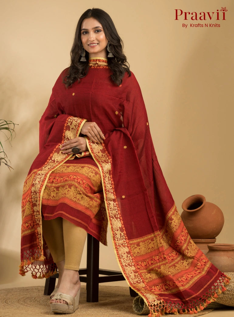 Pure Cotton Royal Maroon Baluchari Jamdani Unstitched 2-Piece Set