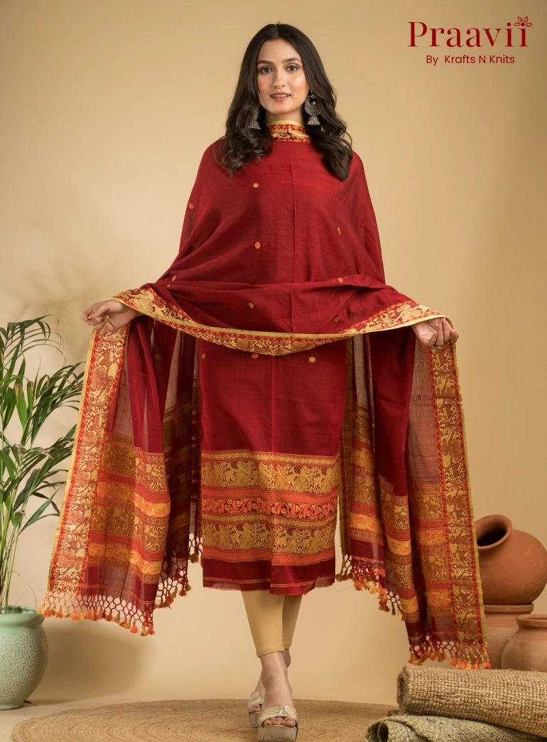 Pure Cotton Royal Maroon Baluchari Jamdani Unstitched 2-Piece Set