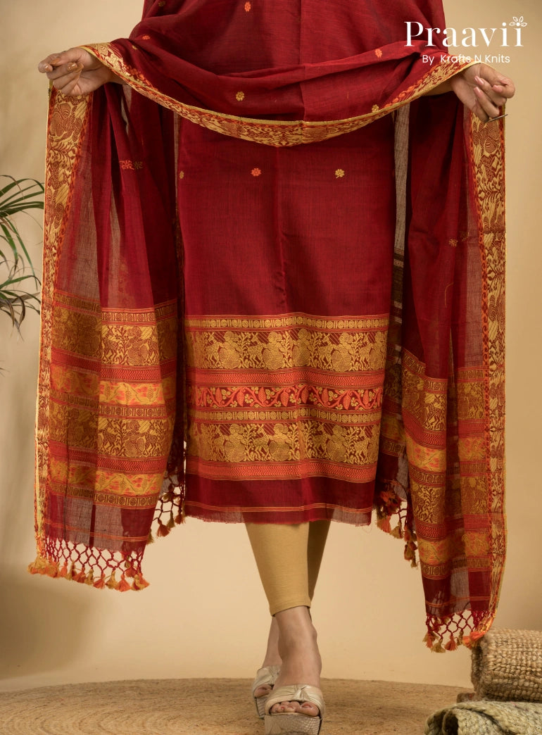 Pure Cotton Royal Maroon Baluchari Jamdani Unstitched 2-Piece Set