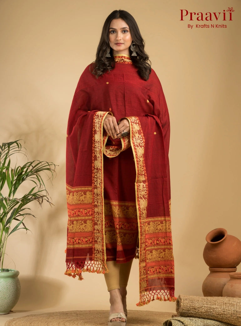Pure Cotton Royal Maroon Baluchari Jamdani Unstitched 2-Piece Set