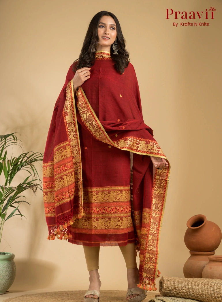 Pure Cotton Royal Maroon Baluchari Jamdani Unstitched 2-Piece Set