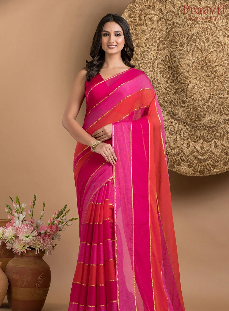 Pink & Orange Striped Mul Cotton Saree