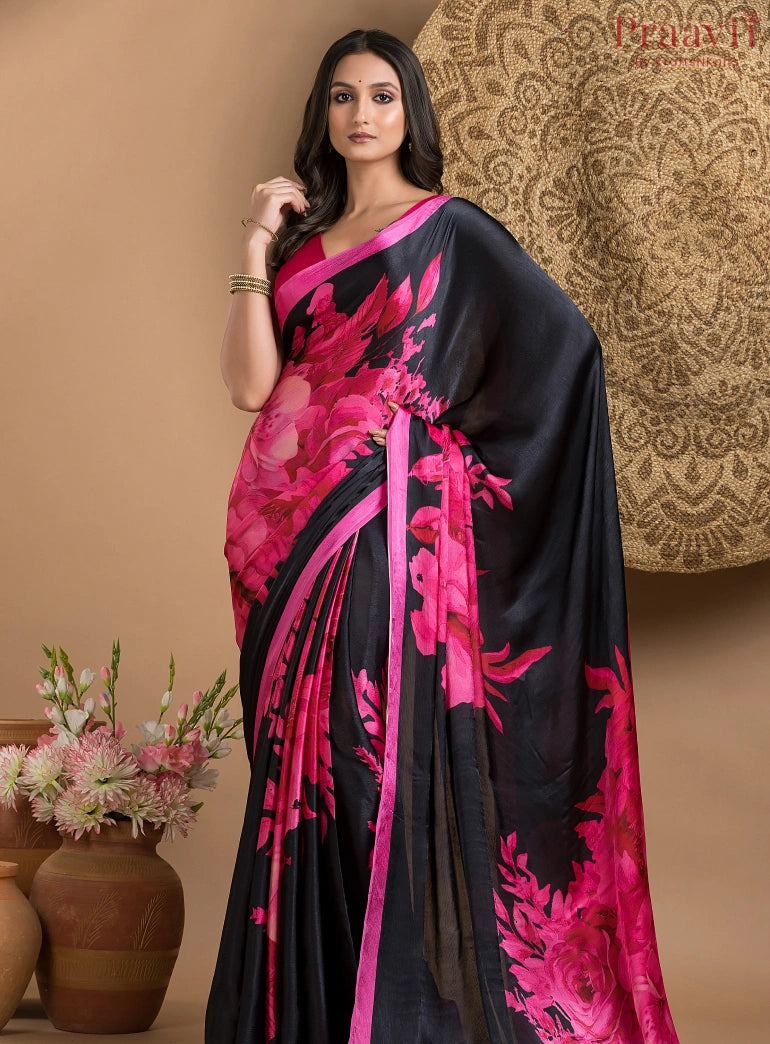 Black and Pink digital print Crepe Satin designer saree