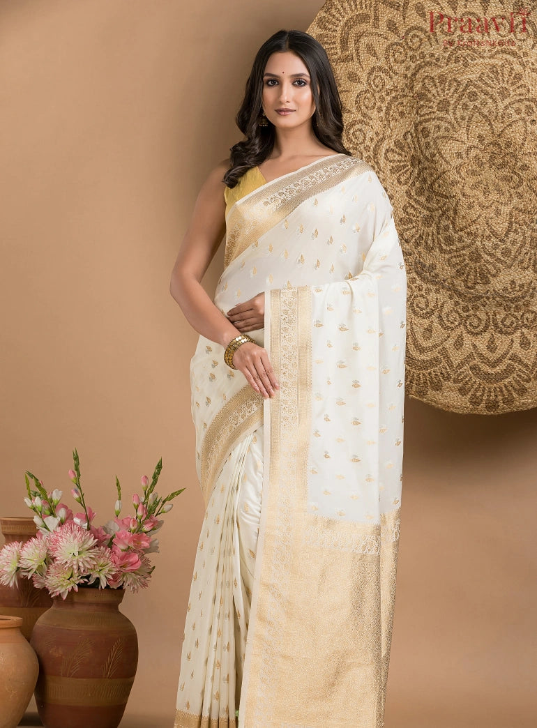 White Silk Saree with Gold and Silver Motif