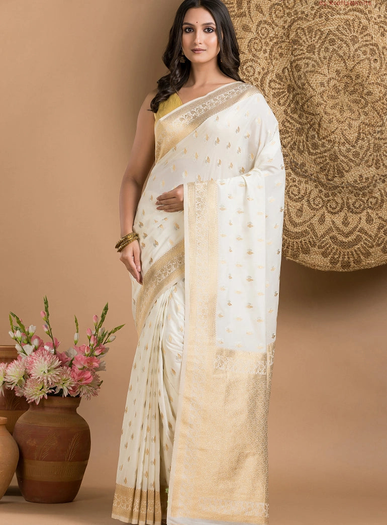 White Silk Saree with Gold and Silver Motif
