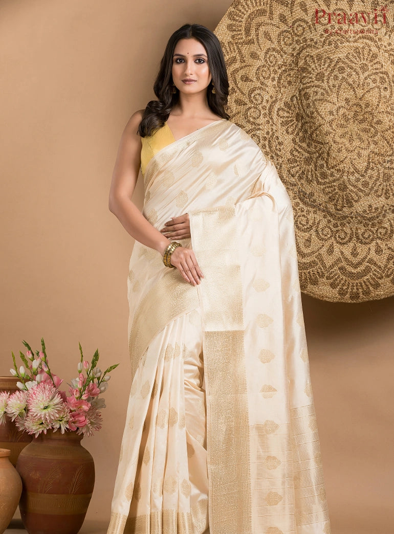 White Silk Saree with Gold Border and Butas