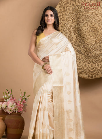 White Silk Saree with Gold Border and Butas