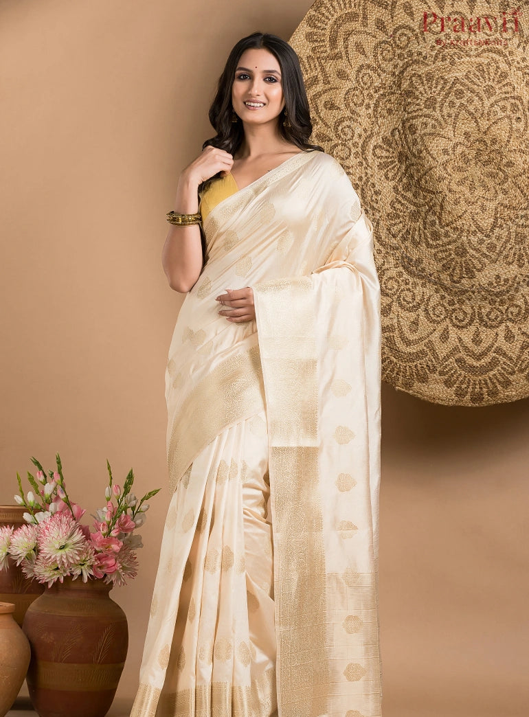 White Silk Saree with Gold Border and Butas