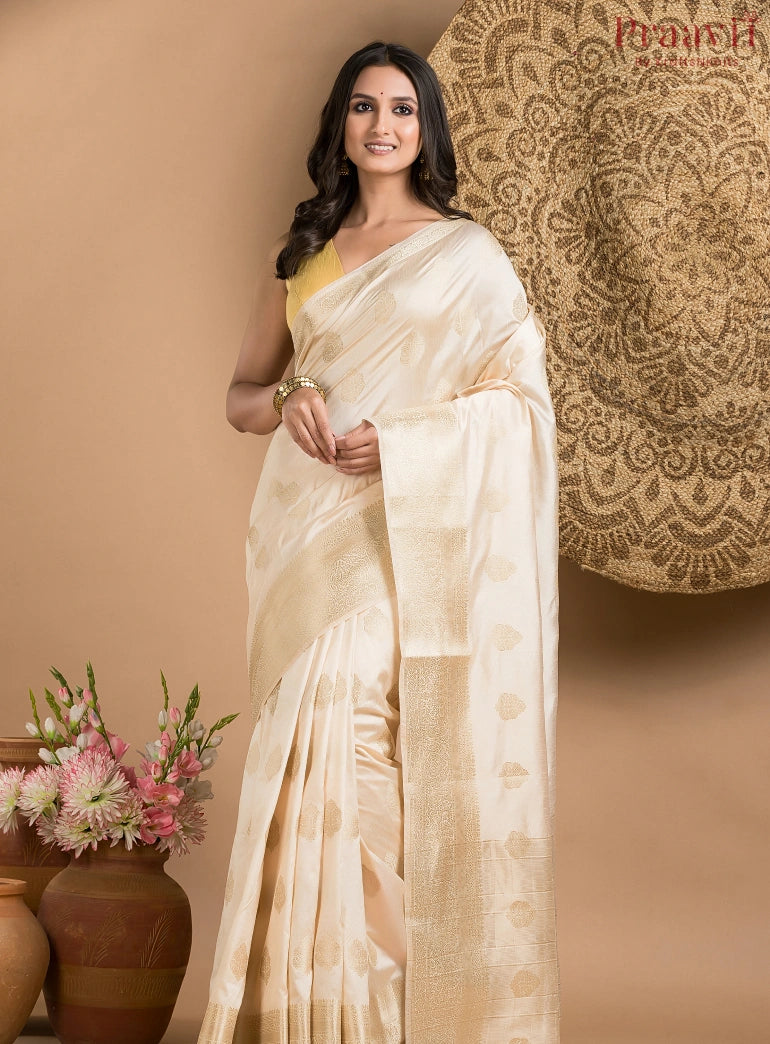 White Silk Saree with Gold Border and Butas