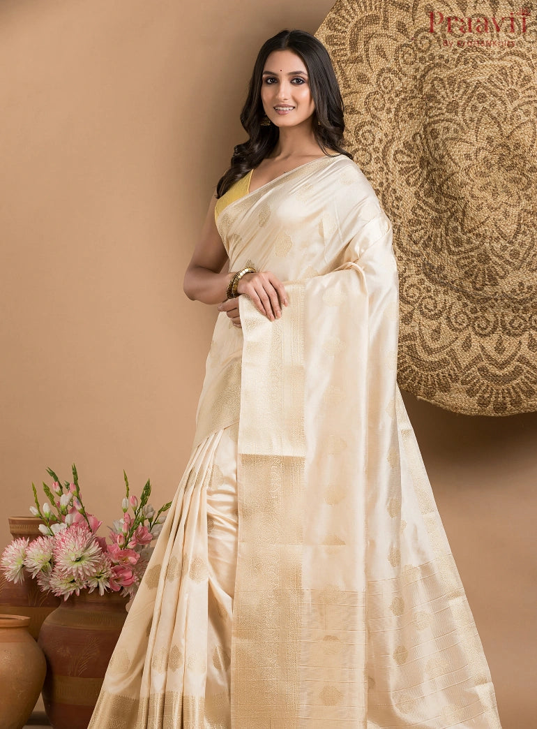 White Silk Saree with Gold Border and Butas