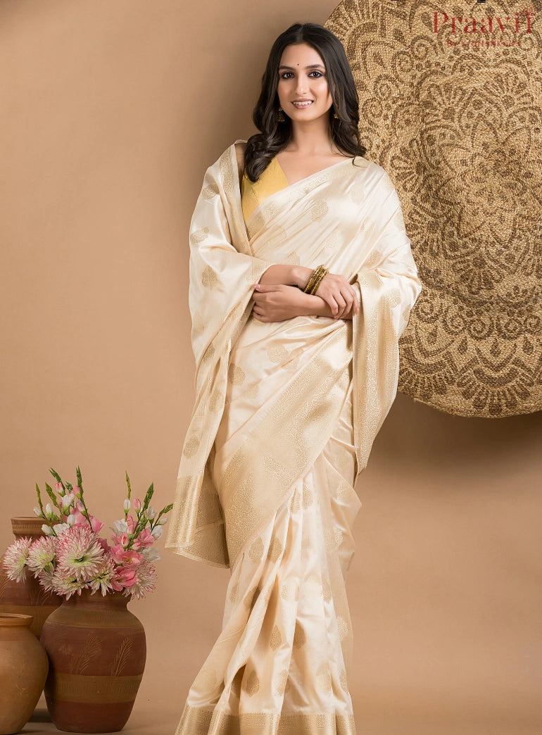 White Silk Saree with Gold Border and Butas