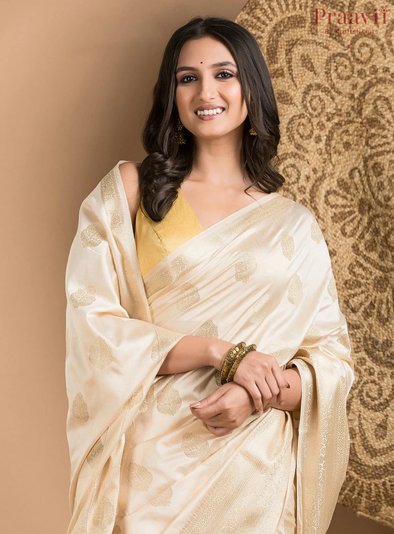 White Silk Saree with Gold Border and Butas