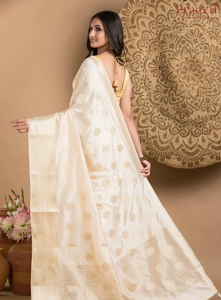 White Silk Saree with Gold Border and Butas