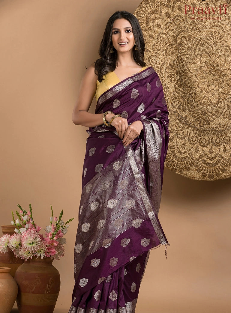 Dark Purple Silk Saree with Silver Border and Butas