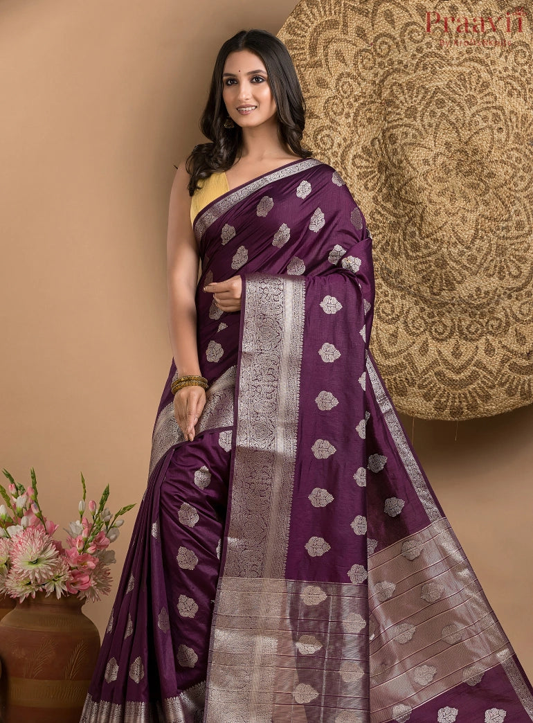 Dark Purple Silk Saree with Silver Border and Butas