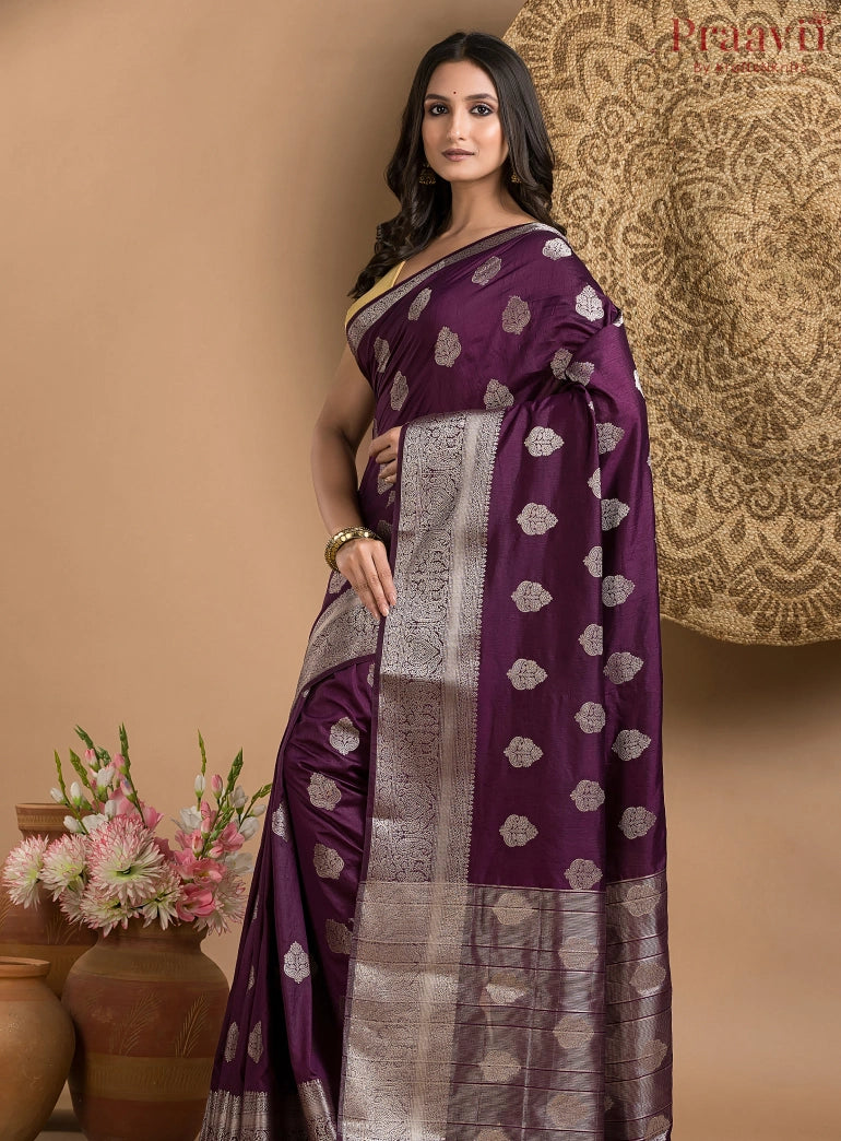 Dark Purple Silk Saree with Silver Border and Butas