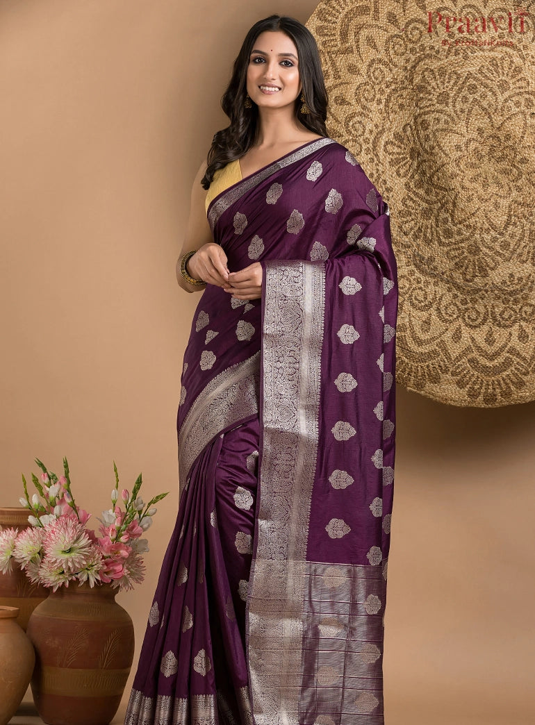 Dark Purple Silk Saree with Silver Border and Butas