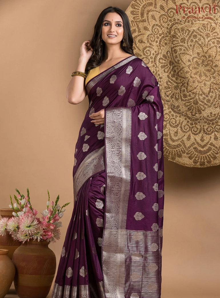Dark Purple Silk Saree with Silver Border and Butas