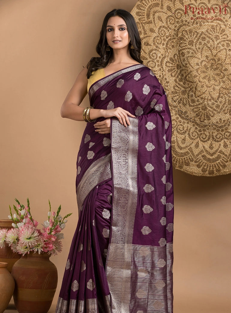 Dark Purple Silk Saree with Silver Border and Butas